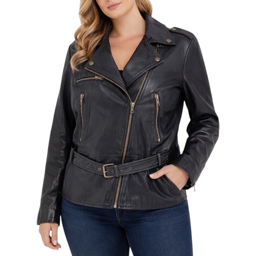 Nicole Miller Lamb Leather Moto Jacket Belt Front Black Size M